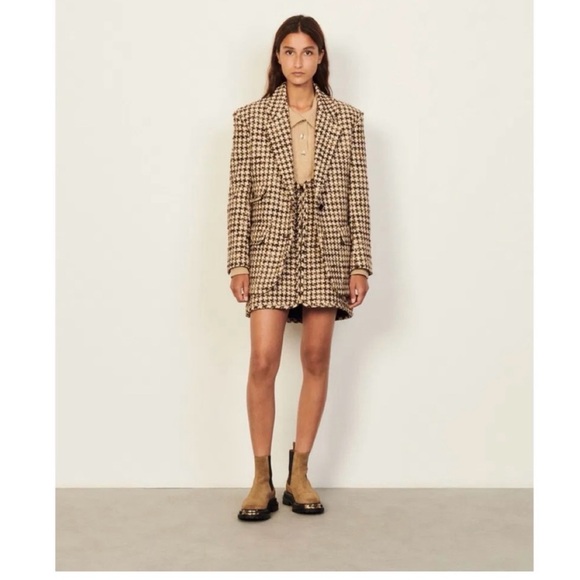 NWT SANDRO Esther Houndstooth Tweed Blazer Jacket Brown Tan sz 38 sz 8 reg $640 - Picture 3 of 15